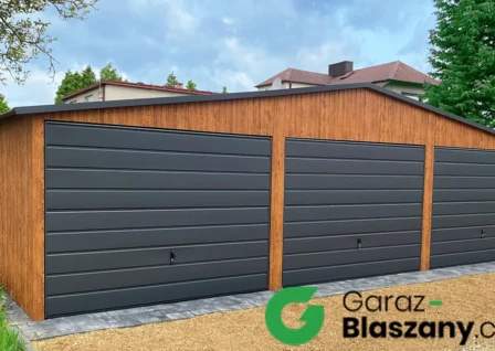 garaż blaszany 9x5 drewnopodobny z bramami grafit