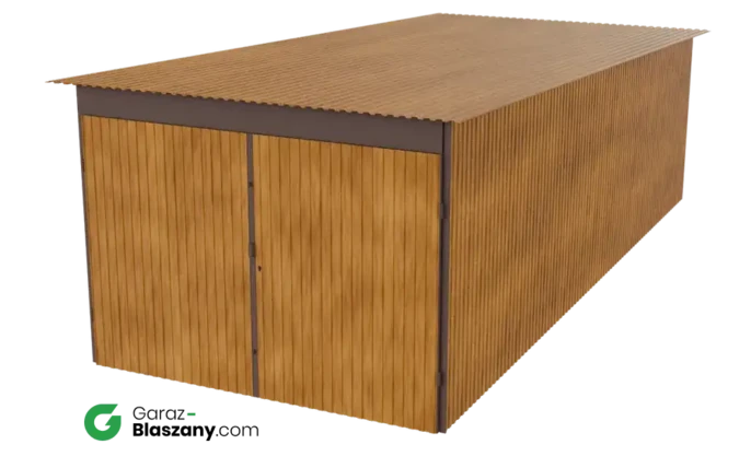 Garaż blaszany 3x7 drewnopodobny Złoty Dąb dach jednospadowy brama dwuskrzydłowa