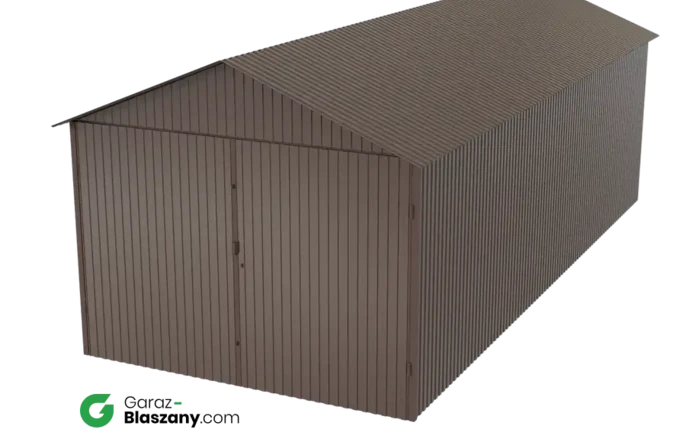 Garaż blaszany 3x7 brązowy błysk dach dwuspadowy brama dwuskrzydłowa