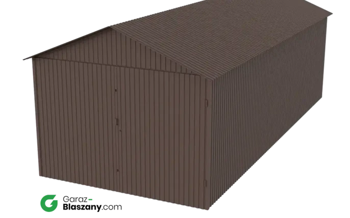 Garaż blaszany 3x7 brązowy mat dach dwuspadowy brama dwuskrzydłowa