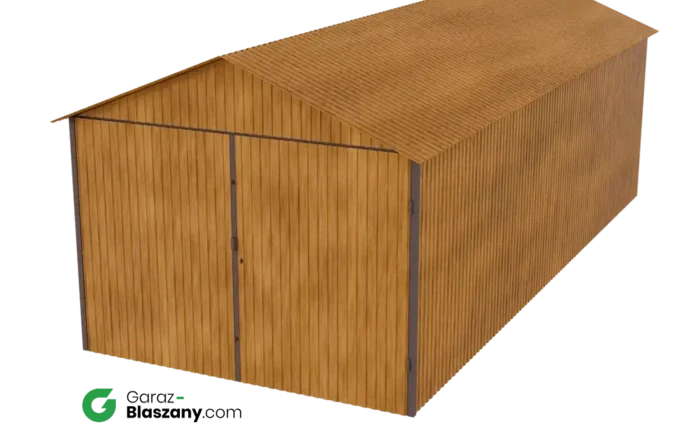 Garaż blaszany 3x7 blacha drewnopodobna Złoty Dąb dach dwuspadowy brama dwuskrzydłowa