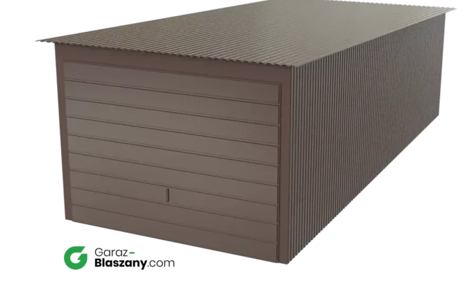 Garaż blaszany 3x7 blacha brązowa powlekana błysk dach jednospadowy brama uchylna