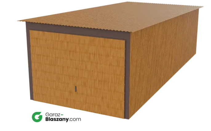 Garaż blaszany 3x7 drewnopodobny Złoty Dąb dach jednospadowy brama uchylna