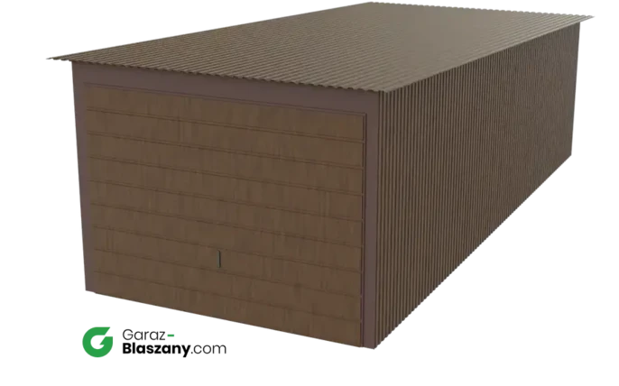 Garaż blaszany 3x7 drewnopodobny Orzech dach jednospadowy brama uchylna