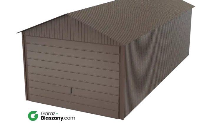 Garaż blaszany 3x7 brązowy błysk dach dwuspadowy brama uchylna