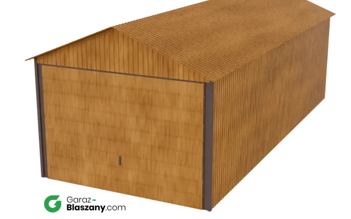Garaż blaszany 3x7 drewnopodobny Złoty Dąb dach dwuspadowy brama uchylna