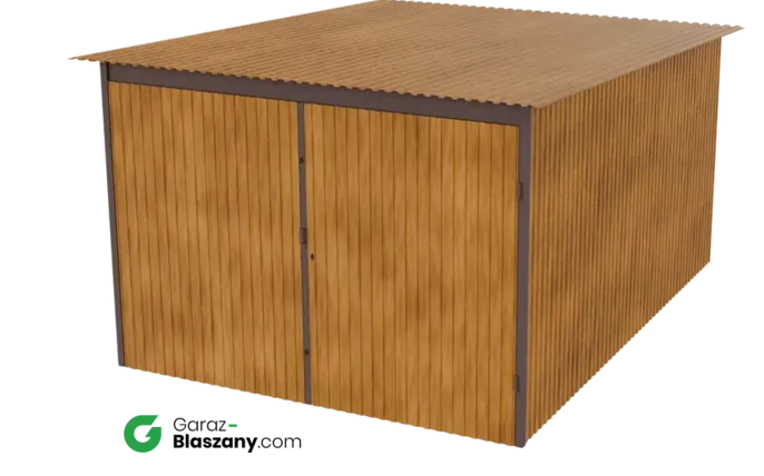 Garaż blaszany 3x4 drewnopodobny Złoty Dąb dach jednospadowy brama dwuskrzydłowa