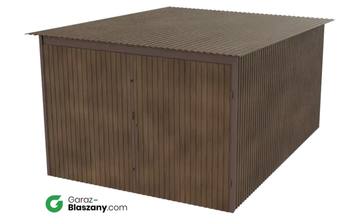 Garaż blaszany 3x4 drewnopodobny Orzech dach jednospadowy brama dwuskrzydłowa