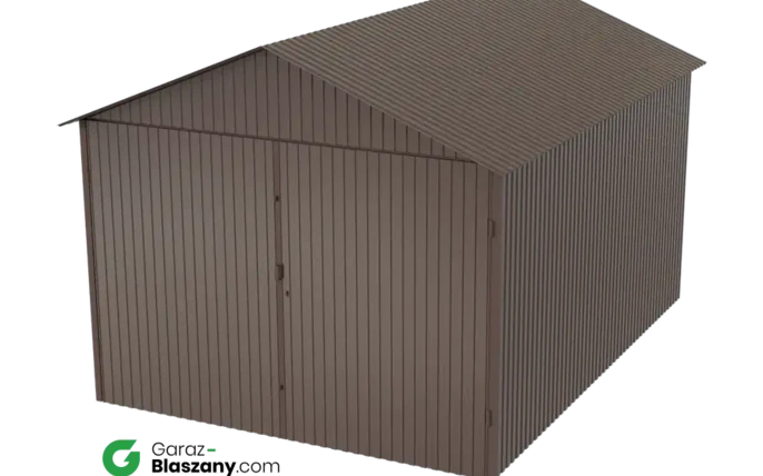 Garaż blaszany 3x4 brązowy błysk dach dwuspadowy brama dwuskrzydłowa