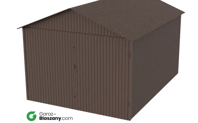 Garaż blaszany 3x4 brązowy mat dach dwuspadowy brama dwuskrzydłowa