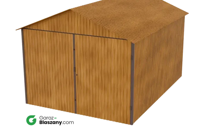 Garaż blaszany 3x4 drewnopodobny Złoty Dąb dach dwuspadowy brama dwuskrzydłowa