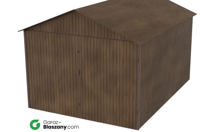 Garaż blaszany 3x4 drewnopodobny Orzech dach dwuspadowy brama dwuskrzydłowa