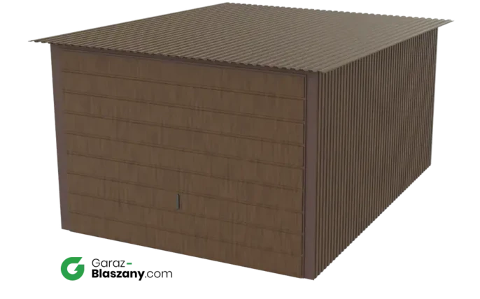 Garaż blaszany 3x4 drewnopodobny Orzech dach jednospadowy brama uchylna