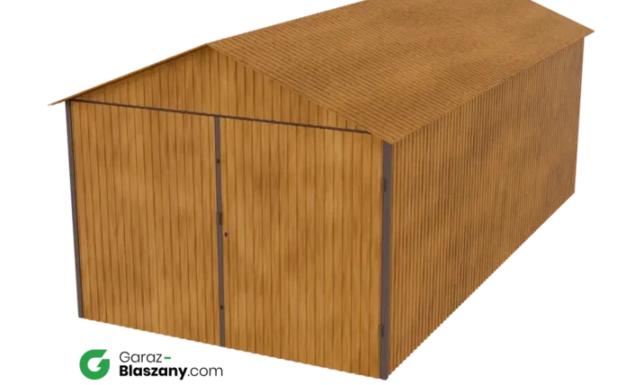 Garaż blaszany 3x6 drewnopodobny Złoty Dąb dach dwuspadowy brama dwuskrzydłowa