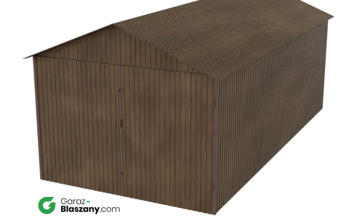 Garaż blaszany 3x6 drewnopodobny Orzech dach dwuspadowy brama dwuskrzydłowa