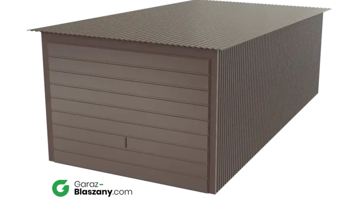 Garaż blaszany 3x6 brązowy BŁYSK dach jednospadowy brama uchylna