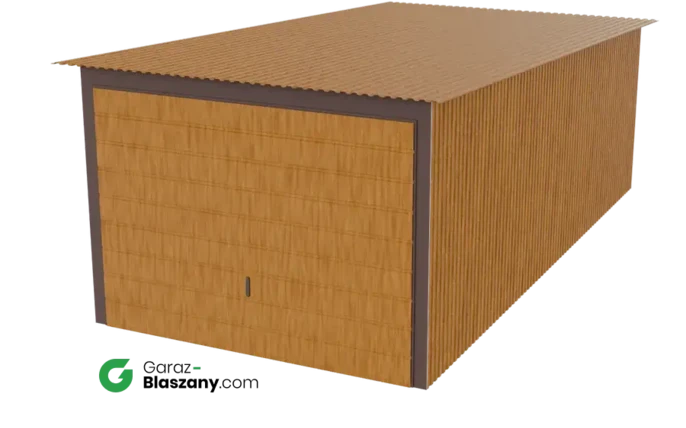 Garaż blaszany 3x6 drewnopodobny Złoty Dąb dach jednospadowy brama uchylna