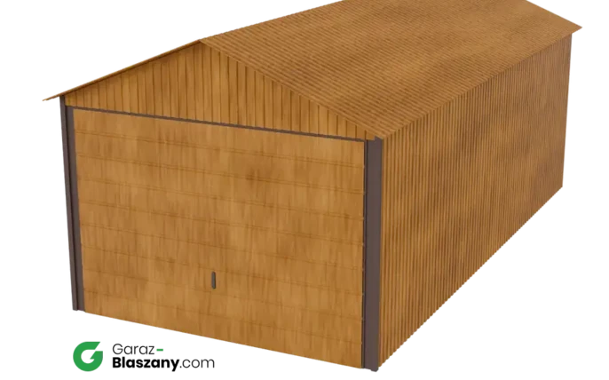 Garaż blaszany 3x6 drewnopodobny Złoty Dąb dach dwuspadowy brama uchylna