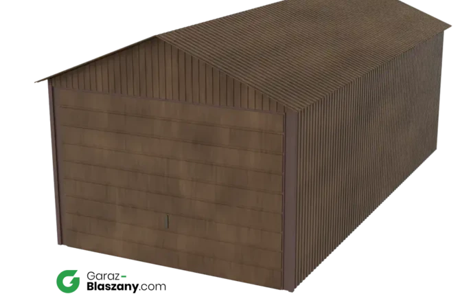Garaż blaszany 3x6 drewnopodobny Orzech dach dwuspadowy brama uchylna