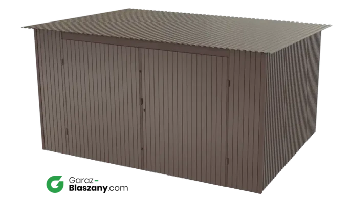 Garaż blaszany 4x3 brązowy BŁYSK dach jednospadowy brama dwuskrzydłowa