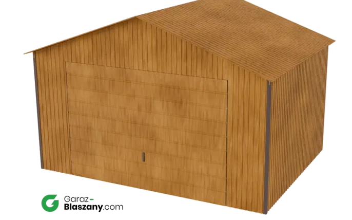 Garaż blaszany 4x3 drewnopodobny Złoty Dąb dach dwuspadowy brama dwuskrzydłowa