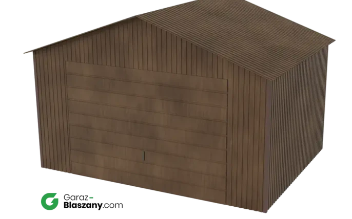 Garaż blaszany 4x3 drewnopodobny Orzech dach dwuspadowy brama dwuskrzydłowa