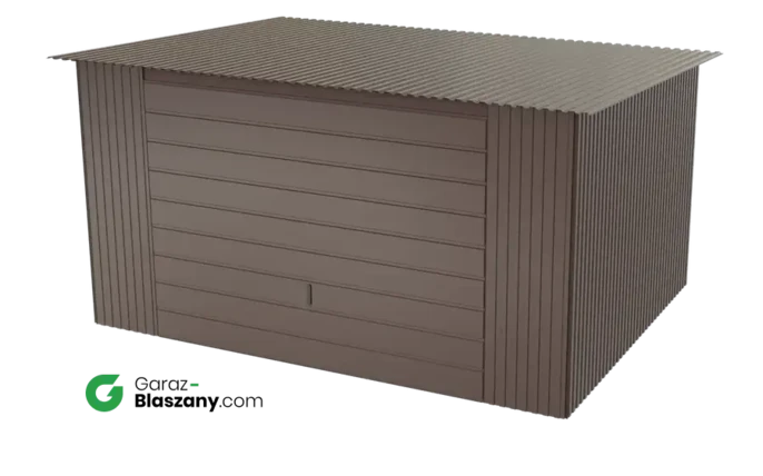 Garaż blaszany 4x3 brązowy BŁYSK dach jednospadowy brama uchylna