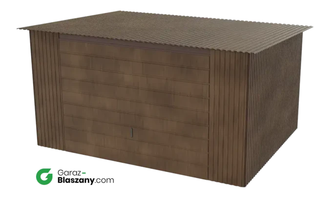 Garaż blaszany 4x3 drewnopodobny Orzech dach jednospadowy brama uchylna