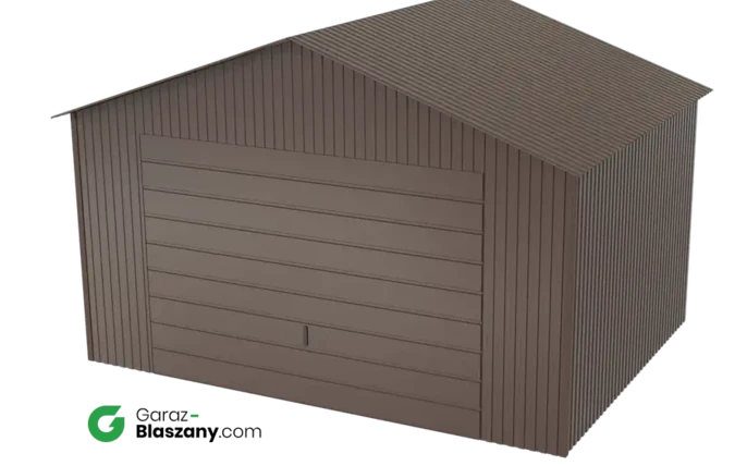 Garaż blaszany 4x3 brązowy BŁYSK dach dwuspadowy brama uchylna