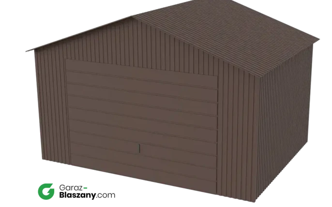 Garaż blaszany 4x3 brązowy MAT dach dwuspadowy brama uchylna