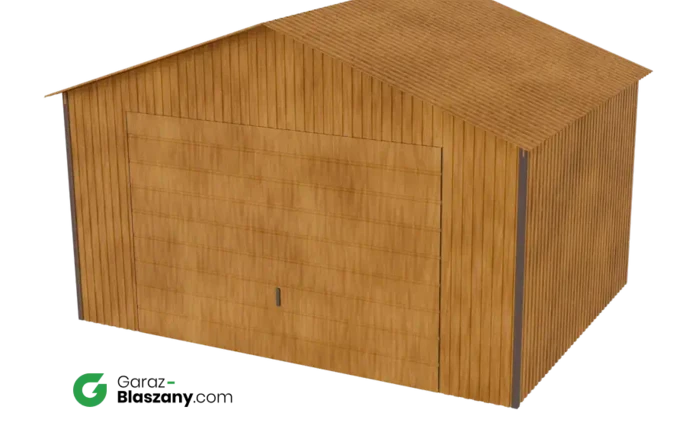 Garaż blaszany 4x3 drewnopodobny Złoty Dąb dach dwuspadowy brama uchylna