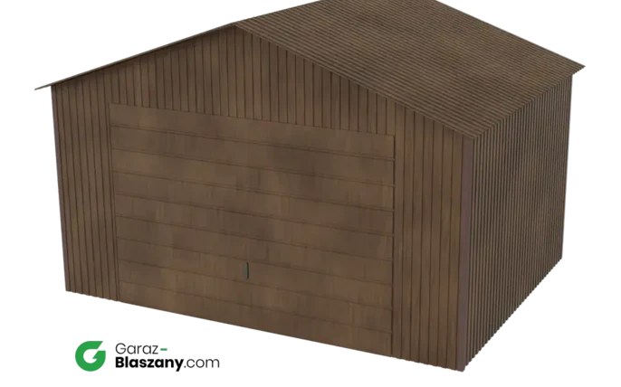 Garaż blaszany 4x3 drewnopodobny Orzech dach dwuspadowy brama uchylna