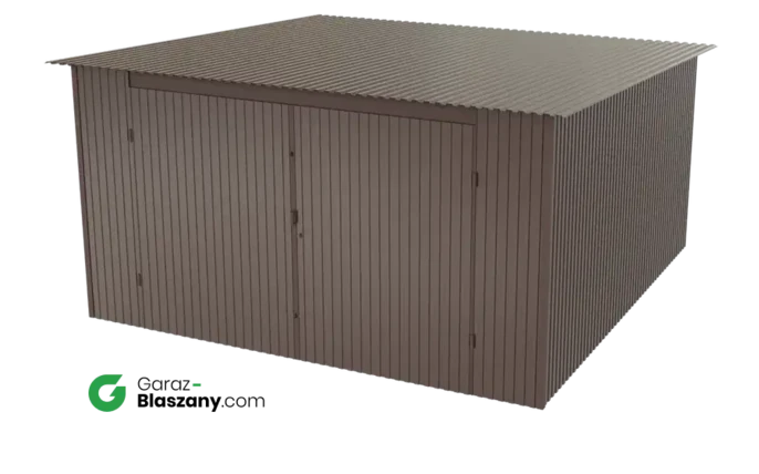 Garaż blaszany 4x4 brązowy BŁYSK dach jednospadowy brama dwuskrzydłowa
