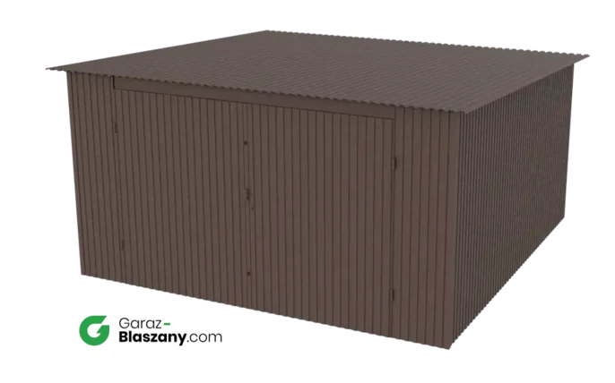 Garaż blaszany 4x4 brązowy MAT dach jednospadowy brama dwuskrzydłowa