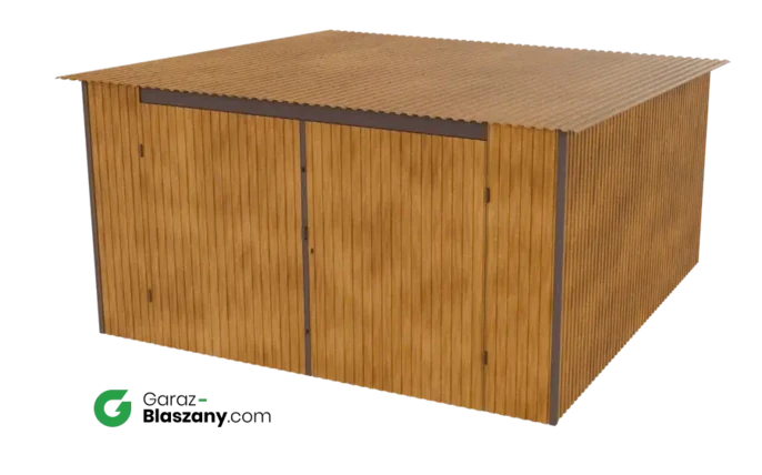 Garaż blaszany 4x4 drewnopodobny Złoty Dab dach jednospadowy brama dwuskrzydłowa