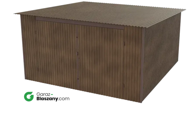 Garaż blaszany 4x4 drewnopodobny Orzech dach jednospadowy brama dwuskrzydłowa