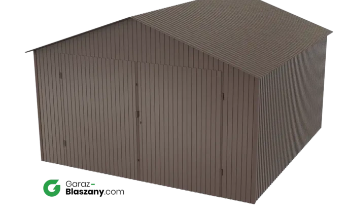 Garaż blaszany 4x4 brązowy BŁYSK dach dwuspadowy brama dwuskrzydłowa