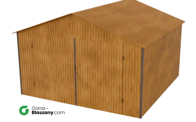 Garaż blaszany 4x4 drewnopodobny Złoty Dąb dach dwuspadowy brama dwuskrzydłowa