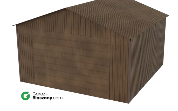 Garaż blaszany 4x4 drewnopodobny Orzech dach dwuspadowy brama uchylna
