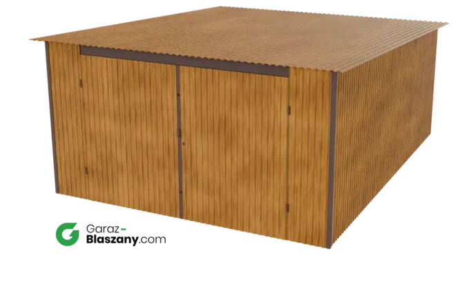 Garaż blaszany 4x5 drewnopodobny Złoty Dąb jednospadowy brama dwuskrzydłowa
