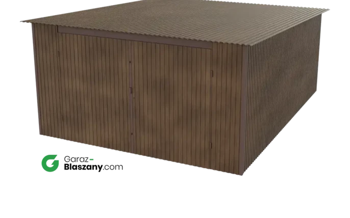 Garaż blaszany 4x5 drewnopodobny Orzech jednospadowy brama dwuskrzydłowa