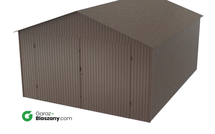 Garaż blaszany 4x5 brązowy BŁYSK dach dwuspadowy brama dwuskrzydłowa