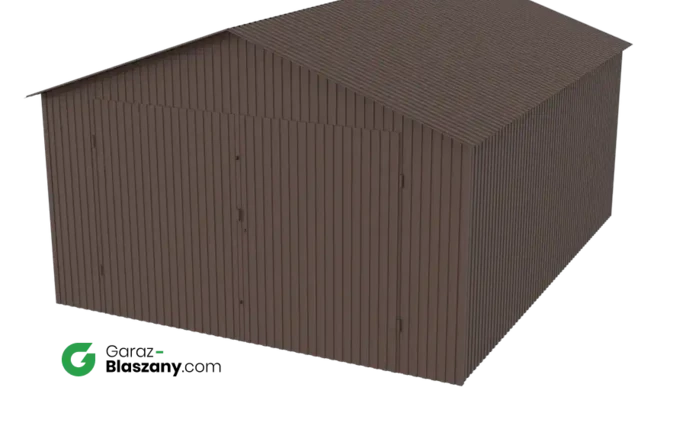 Garaż blaszany 4x5 brązowy MAT dach dwuspadowy brama dwuskrzydłowa