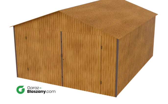 Garaż blaszany 4x5 drewnopodobny Złoty Dąb dach dwuspadowy brama dwuskrzydłowa
