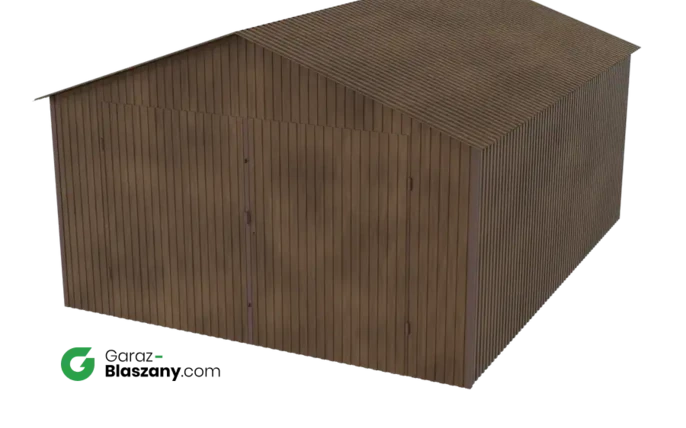 Garaż blaszany 4x5 drewnopodobny Orzech dach dwuspadowy brama dwuskrzydłowa