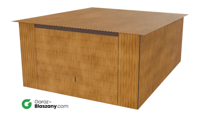 Garaż blaszany 4x5 drewnopodobny Złoty Dąb dach jednospadowy brama uchylna