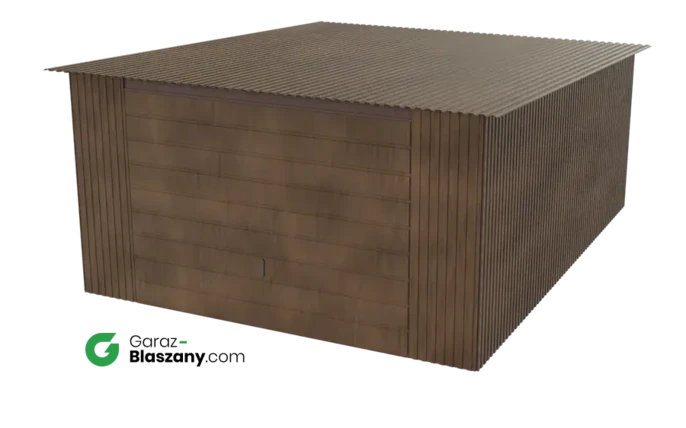 Garaż blaszany 4x5 drewnopodobny Orzech dach jednospadowy brama uchylna