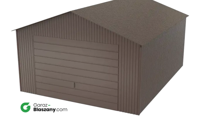 Garaż blaszany 4x5 brązowy BŁYSK dach dwuspadowy brama uchylna