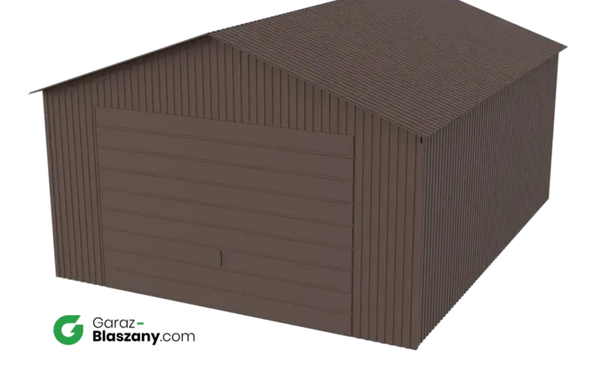 Garaż blaszany 4x5 brązowy MAT dach dwuspadowy brama uchylna