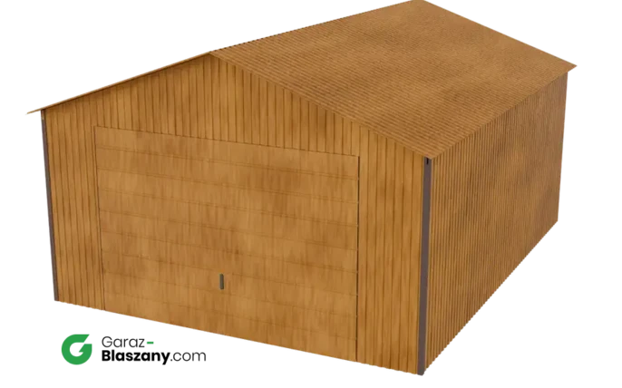 Garaż blaszany 4x5 drewnopodobny Złoty Dąb dach dwuspadowy brama uchylna